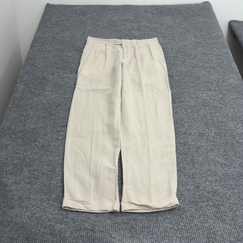Louis Raphael Pants Mens 34 Beige Linen Viscose Pleated Cuffed Preppy Minimalist
